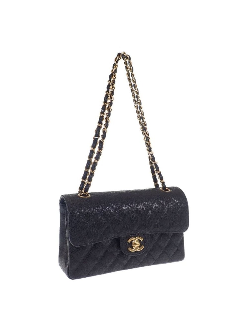 Chanel Classic Small Shoulder Bag Caviar Leather Black Gold Genus 2-Way